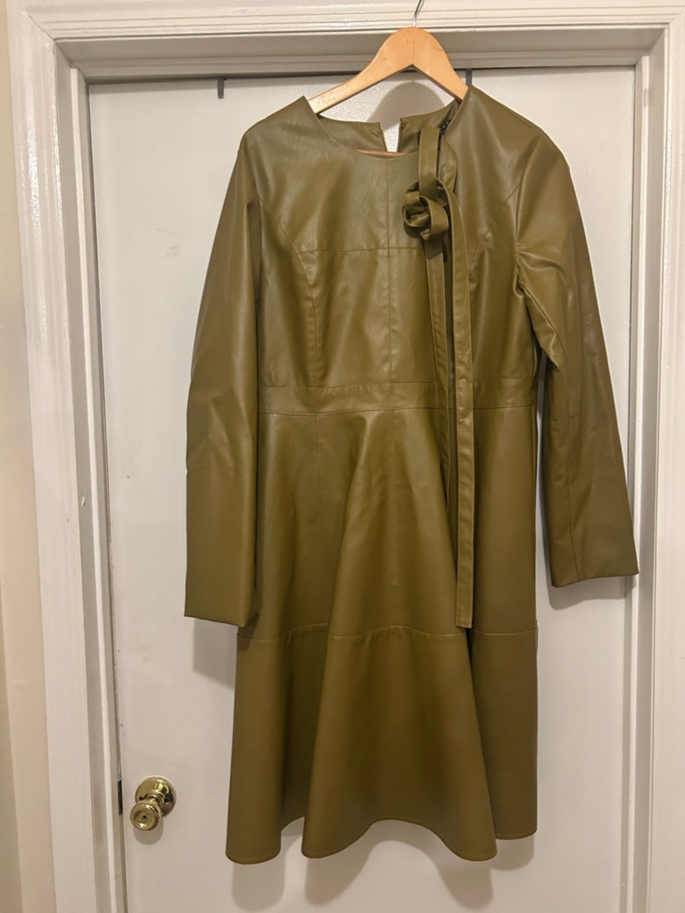 Olive Green Faux Leather A-Line Dress with Bow Tie